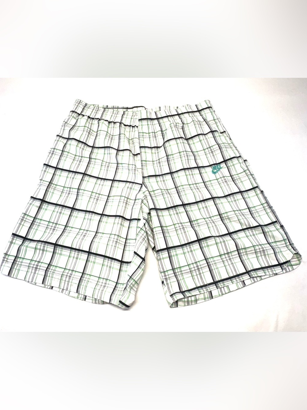 Vintage Nike Net Plaid Grid Woven Athletic Shorts White Green Black - XL